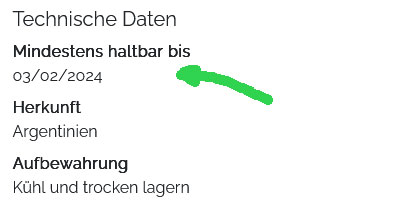 Das Haltbarkeitsdatum befindet sich im Abteil Technische Daten